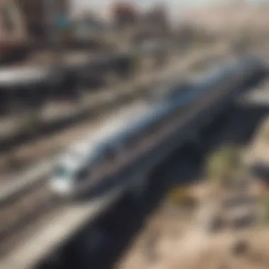 Aerial view of Monorail Vegas gliding above bustling Las Vegas streets