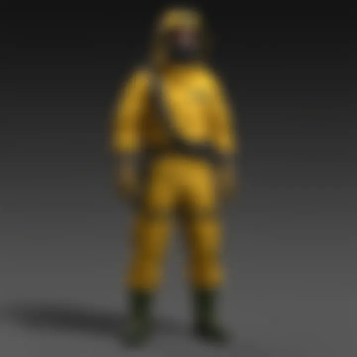 A character navigating a hazardous zone wearing a hazmat suit
