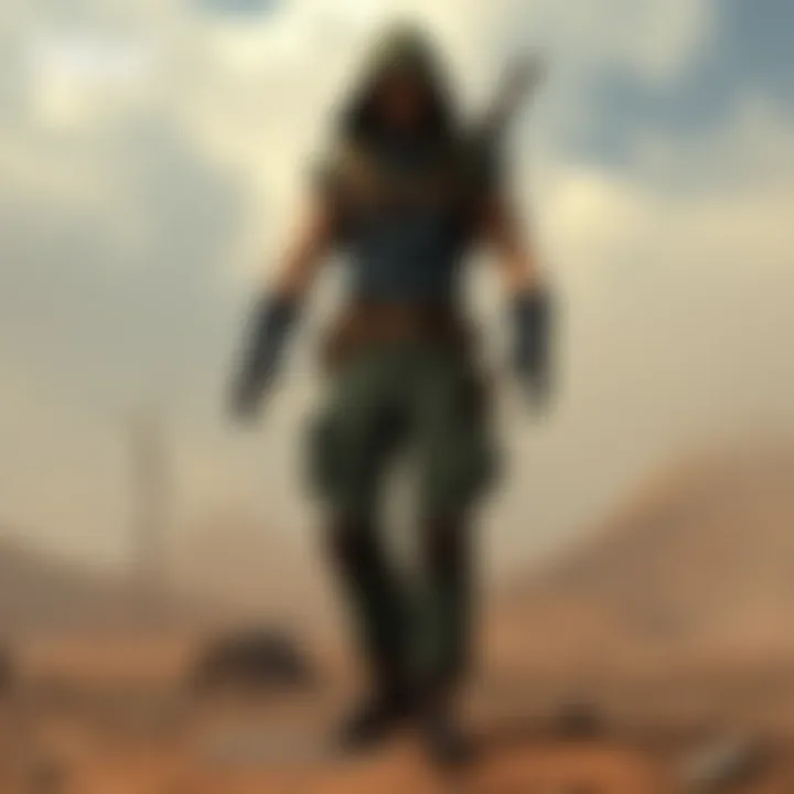 Embodying Resilience in a Barren World A character adorned in a ripped jumpsuit, embodying resilience in a barren landscape.