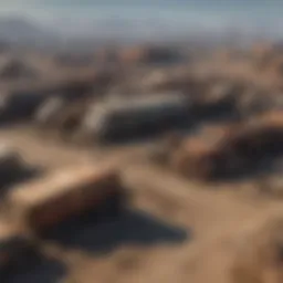 A panoramic view of Clarks Scrap Yard showcasing its vast landscape filled with debris and remnants of civilization.