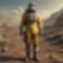Detailed view of a character wearing hazmat suit in a wasteland