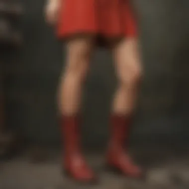 Close-up of red high heels on a city sidewalk showcasing sophistication and style