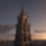 Stunning view of a North Church Tower against a sunset.