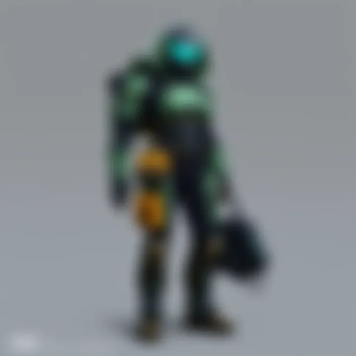 A glimpse of a unique combat suit featuring advanced technological elements.