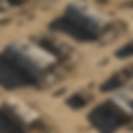 An aerial view of Camp Zephyr showcasing its rugged terrain and dilapidated structures.