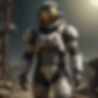 A vintage space suit displayed against a backdrop of stars, showcasing its historical significance in space exploration.