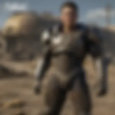 A close-up of a character from the Fallout mobile game, highlighting unique customization options.