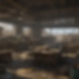 A panoramic view of Gibson Salvage showcasing its rugged terrain and scavenged architecture