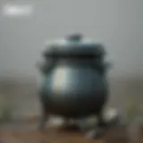 A detailed view of a metal cooking pot in a rustic setting