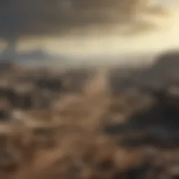 A panoramic view of the desolate wasteland with iconic Fallout structures in the background