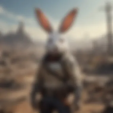 A character in a post-apocalyptic landscape showcasing white bunny ears