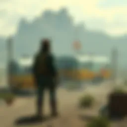 A detailed illustration of a bustling caravan camp in the Fallout universe, showcasing various trade stalls and characters interacting.