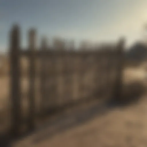 A detailed view of a free standing picket fence in a post-apocalyptic setting, showcasing its design and weathering.