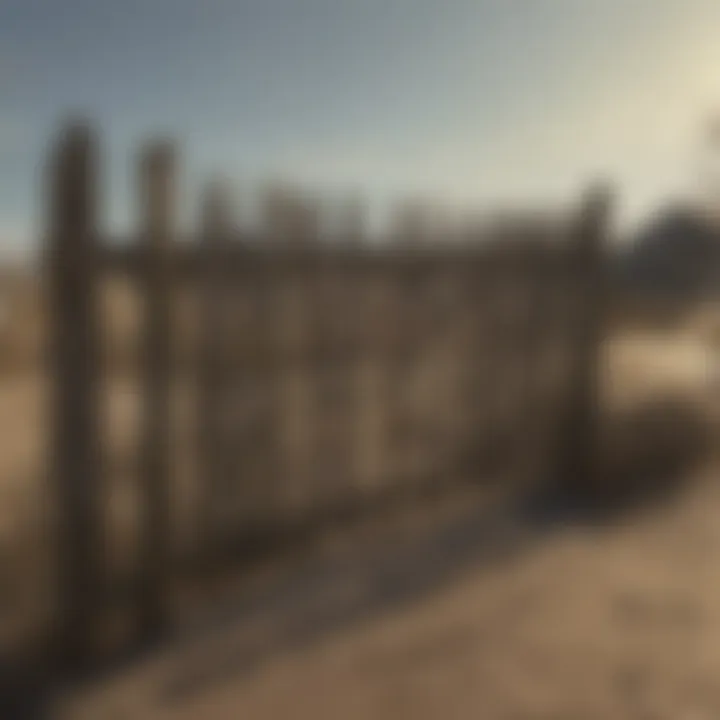 A detailed view of a free standing picket fence in a post-apocalyptic setting, showcasing its design and weathering.