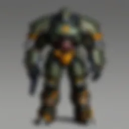 A detailed view of advanced power armor showcasing its intricate design