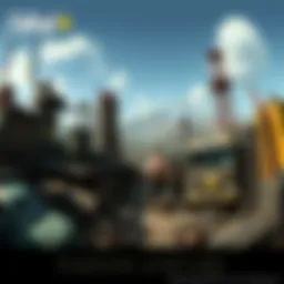 A panoramic view of the Four Star Junkyard highlighting its derelict structures and scattered debris