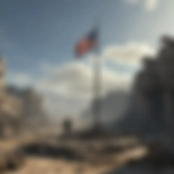 A majestic flagpole standing tall amidst the ruins of a post-apocalyptic landscape