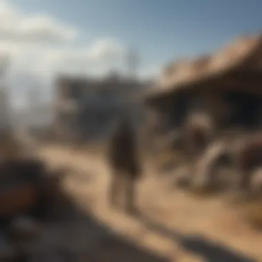 Navigating the Landscape of Ruin A character navigating through piles of debris in a post-apocalyptic setting