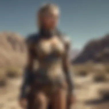 Veronica Santangelo in her iconic dress against a backdrop of the Mojave Wasteland