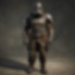 Detailed view of the Raider costume showcasing its rugged texture and battle-worn appearance