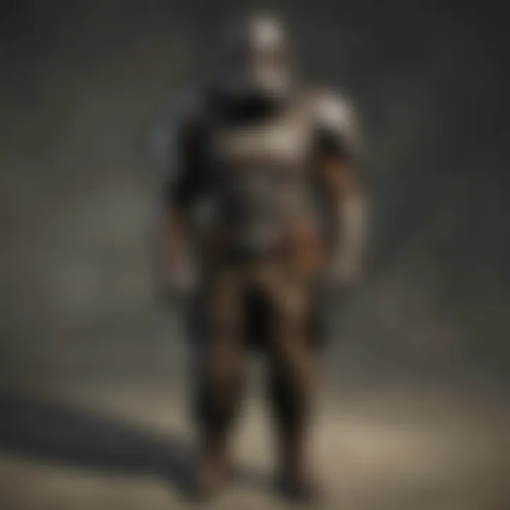 Detailed view of the Raider costume showcasing its rugged texture and battle-worn appearance