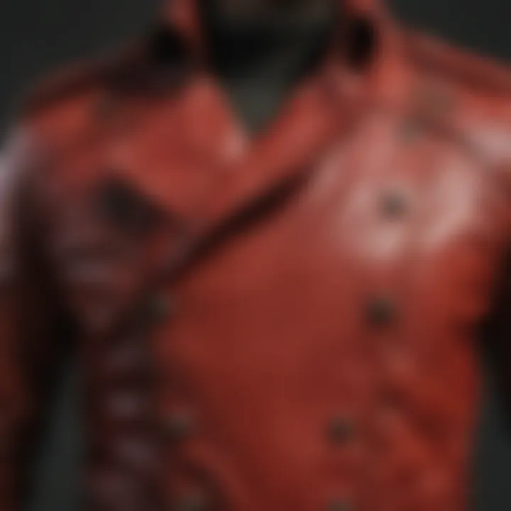 Close-up of the red leather trench showcasing intricate stitching details