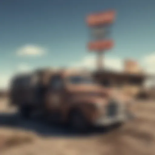 A desolate truck stop motel illuminated by a flickering neon sign under a starry sky.