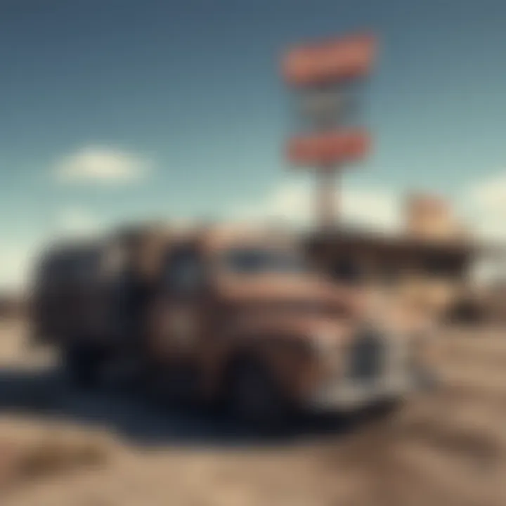 A desolate truck stop motel illuminated by a flickering neon sign under a starry sky.