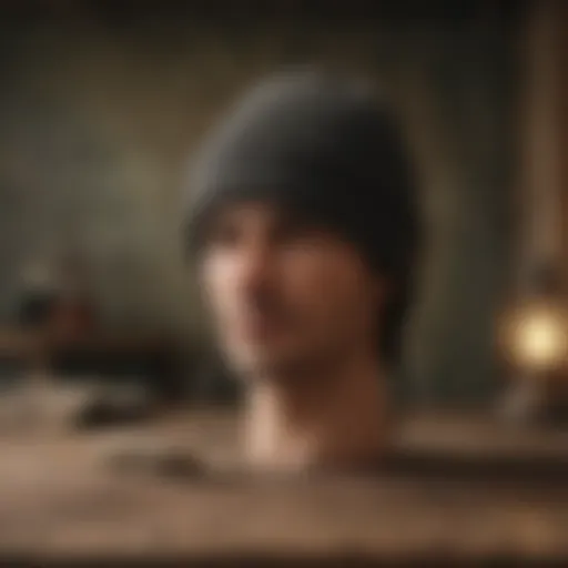 A wool fisherman beanie displayed on a rustic wooden table