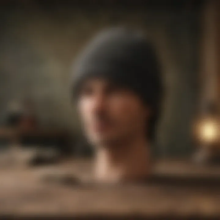 A wool fisherman beanie displayed on a rustic wooden table