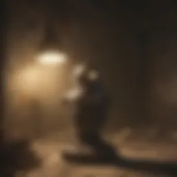 A dimly lit Fallout lamp casting shadows in a desolate landscape