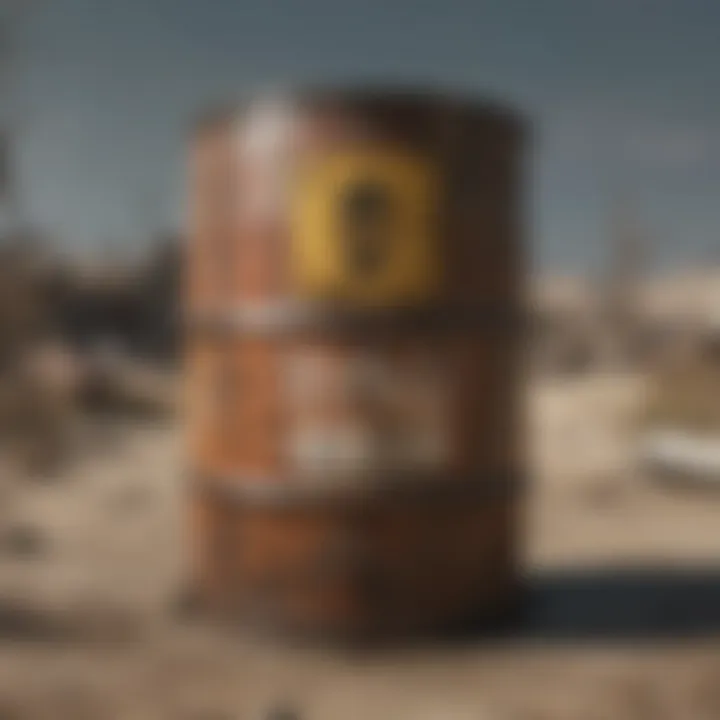 A close-up view of a rusted chemical barrel with warning signs