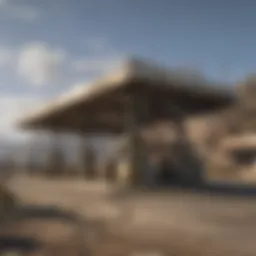 An illustration depicting a Fallout 76 fuel station surrounded by the post-apocalyptic landscape.