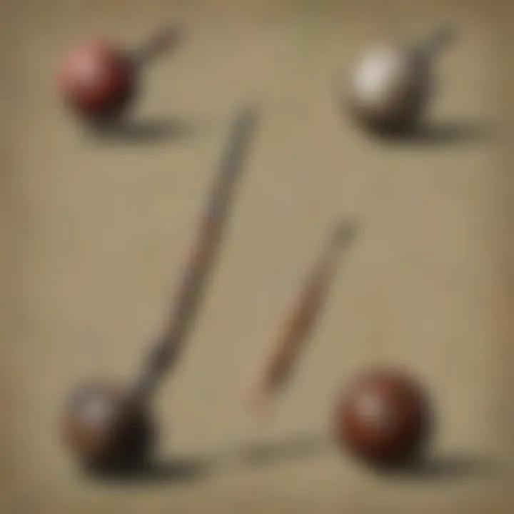 Historical representation of croquet mallets in early gameplay, highlighting their evolution over time.