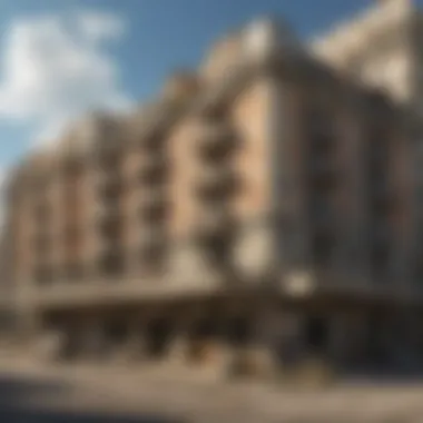 Exterior view of Hotel Monte Carlo Suites surrounded by a desolate landscape