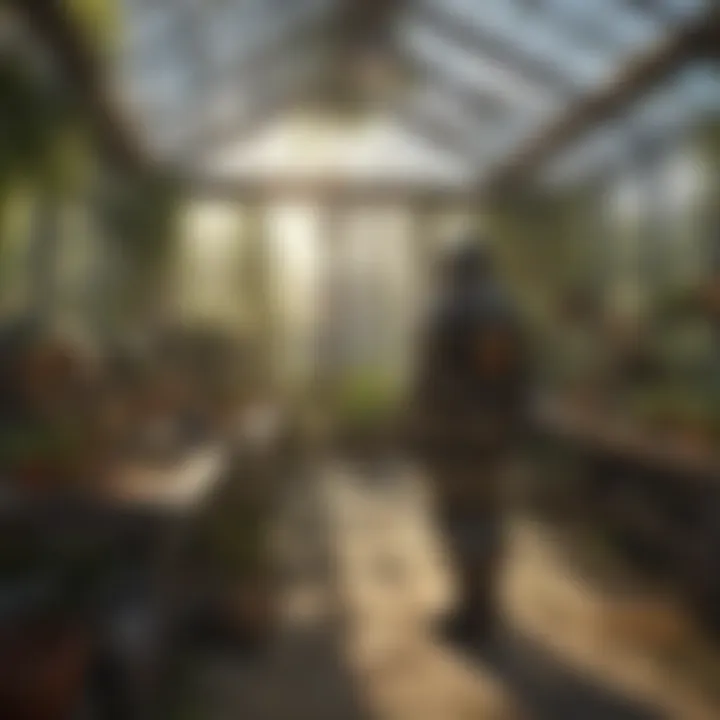 Sunlight filtering through the glass panels of the Jamaica Cottage Shop greenhouse