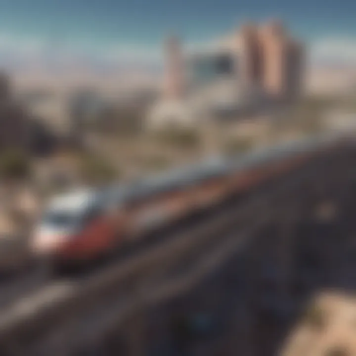 Artistic depiction of the Las Vegas Monorail winding through the cityscape