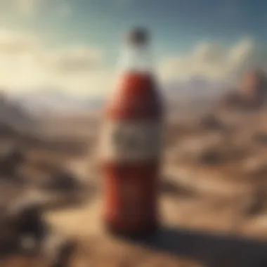 A detailed close-up of a Nuka-Cola bottle within the Fallout landscape