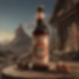 A bottle of Nuka Dark Rum against a backdrop of a post-apocalyptic landscape.