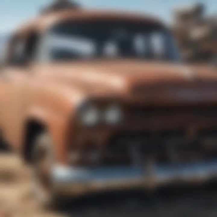 An intricate close-up of a rusted vehicle, symbolizing the decay and history within the junkyard.