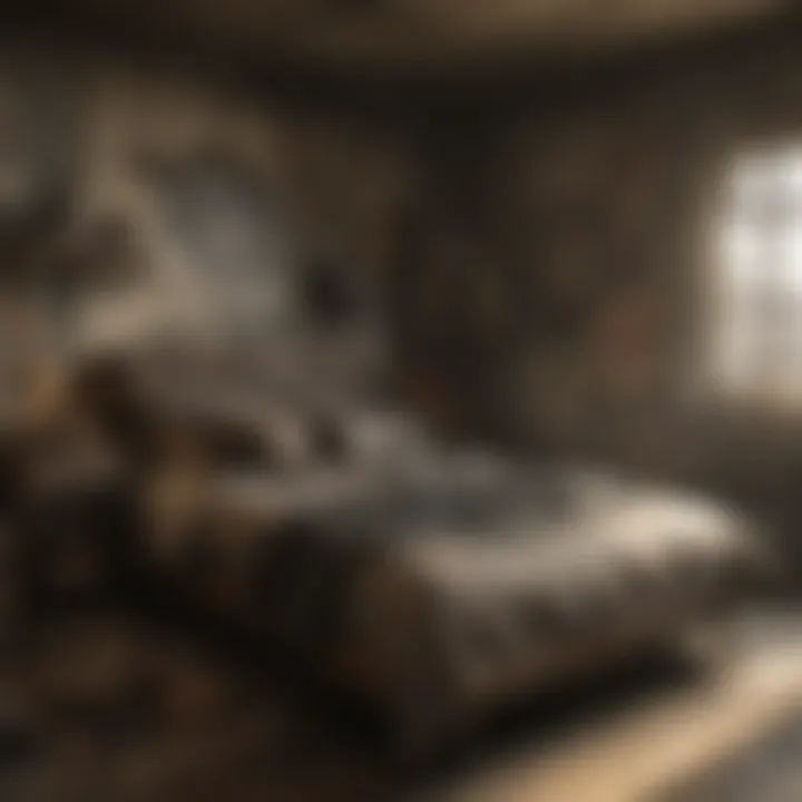 Rustic raider-themed bedroom with worn furnishings