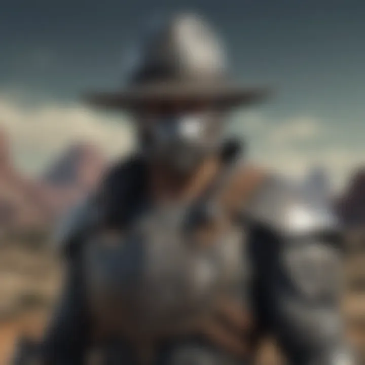 A character in the Fallout universe wearing the Raiders metal shield hat in a desolate landscape.