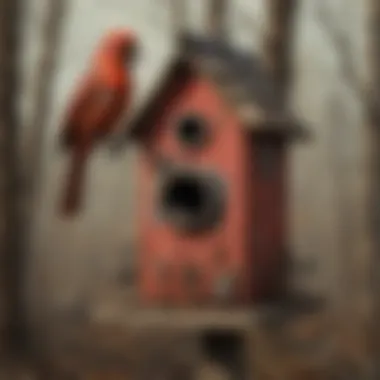 Red bird house attracting colorful avian species