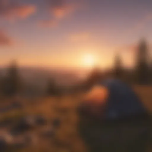 Panoramic view of Spruce Knob during sunset, highlighting the rugged terrain and vibrant sky.