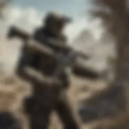 A sniper crouched in the lush foliage of Fallout's wilderness, blending in with the environment.
