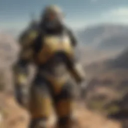 An advanced radiation suit in a rugged environment, showcasing durability and style.
