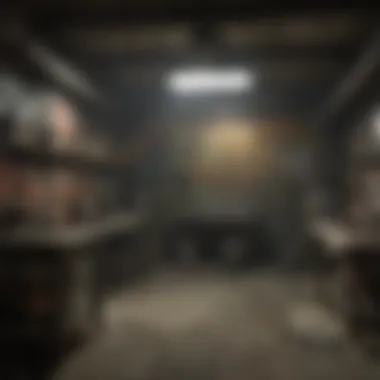 Inside the Chop Shop: A Glimpse into the Underworld A shadowy chop shop interior showcasing various scavenged tech