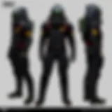 Detailed view of the black hazmat suit showcasing its intricate design elements.