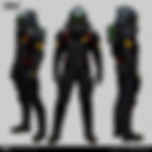 Detailed view of the black hazmat suit showcasing its intricate design elements.