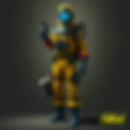 An advanced radiation suit displayed against a dramatic backdrop
